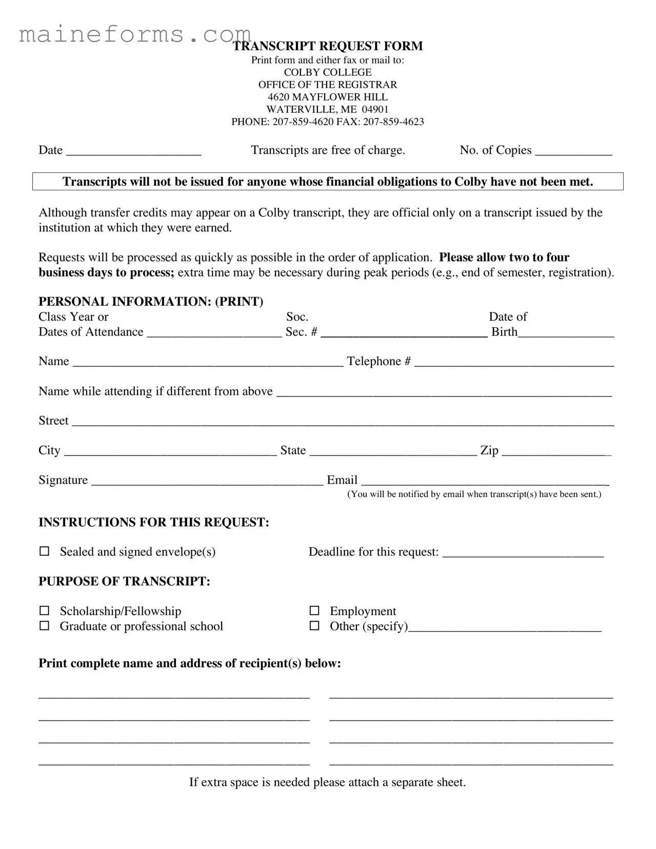 Colby Transcript Request Template
