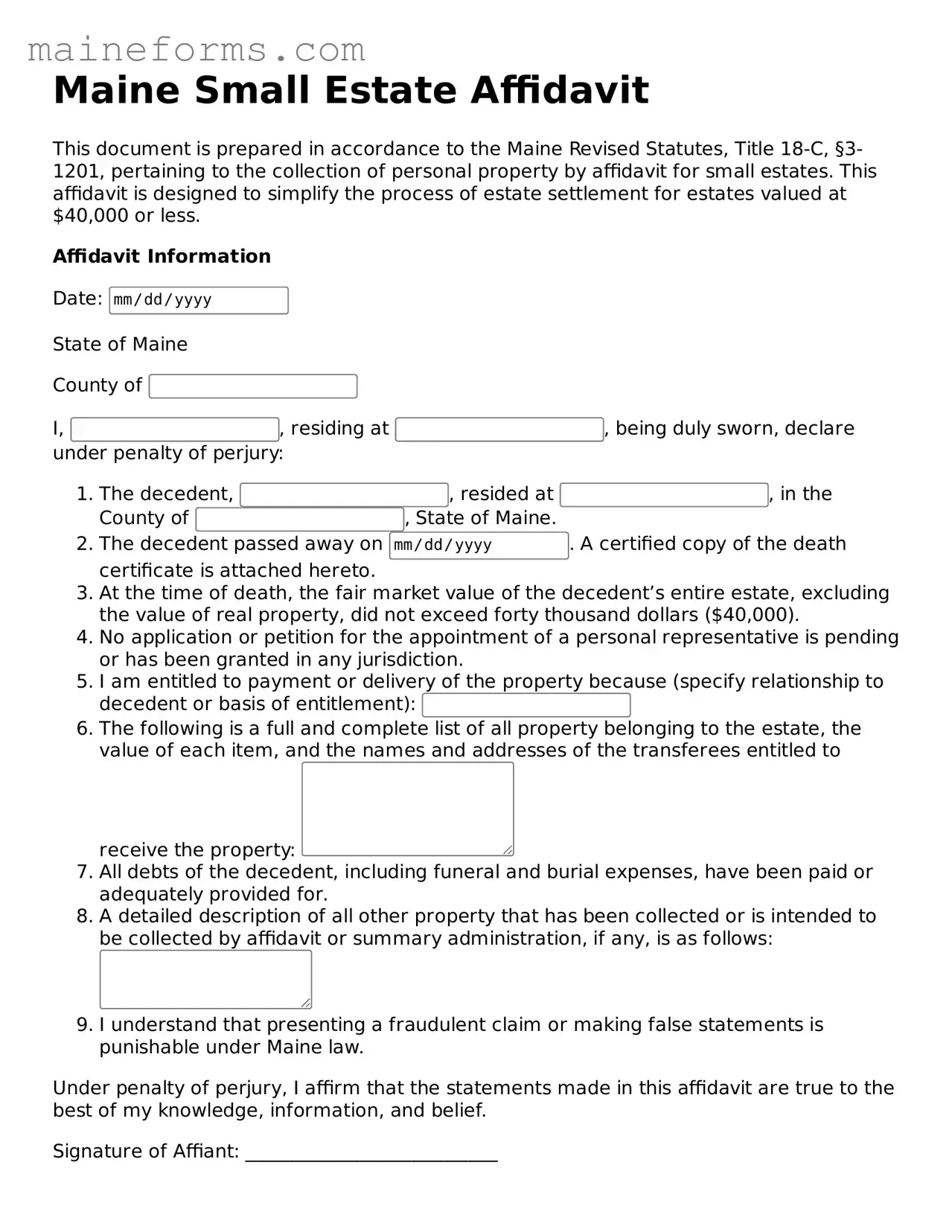 Blank Small Estate Affidavit Document for Maine State