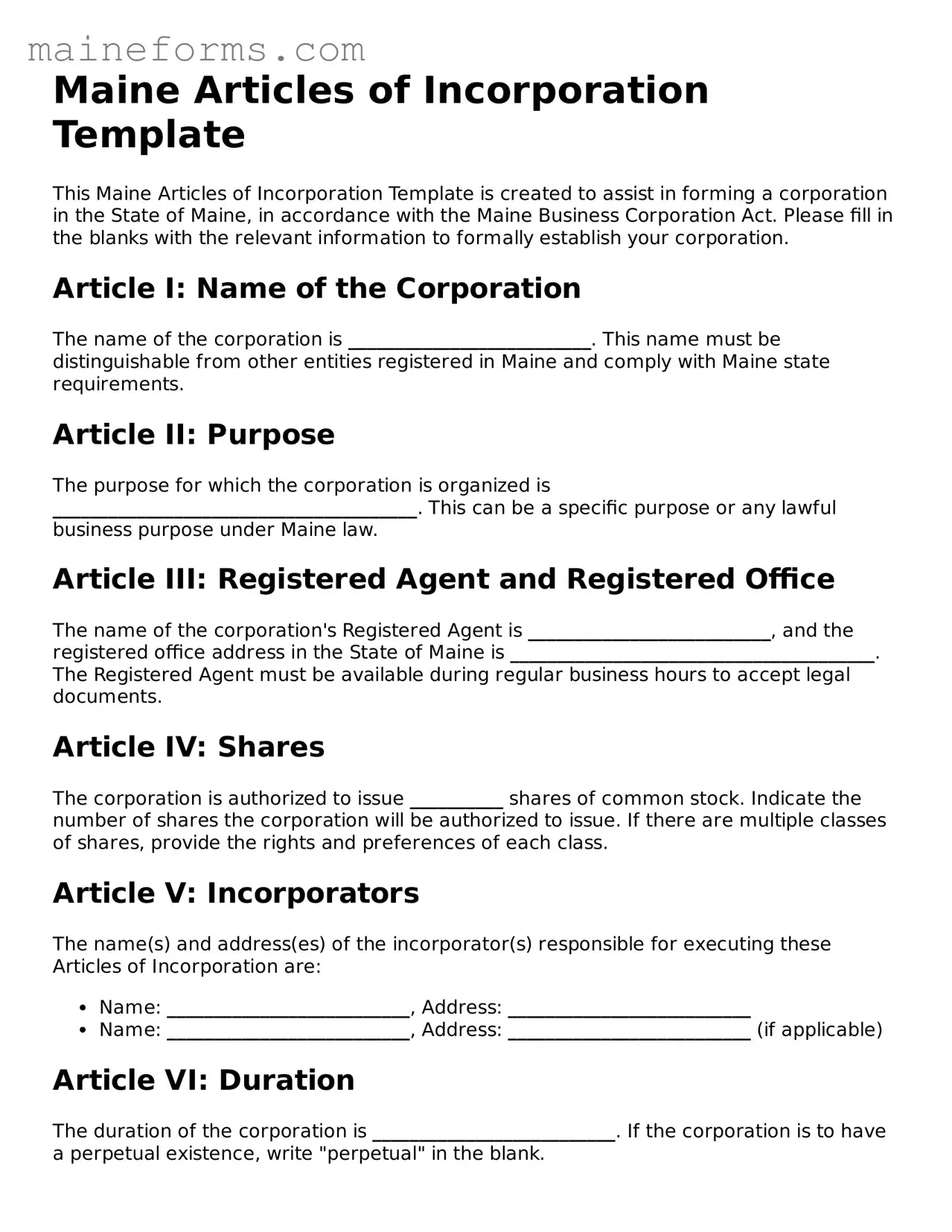 Blank Articles of Incorporation Document for Maine State