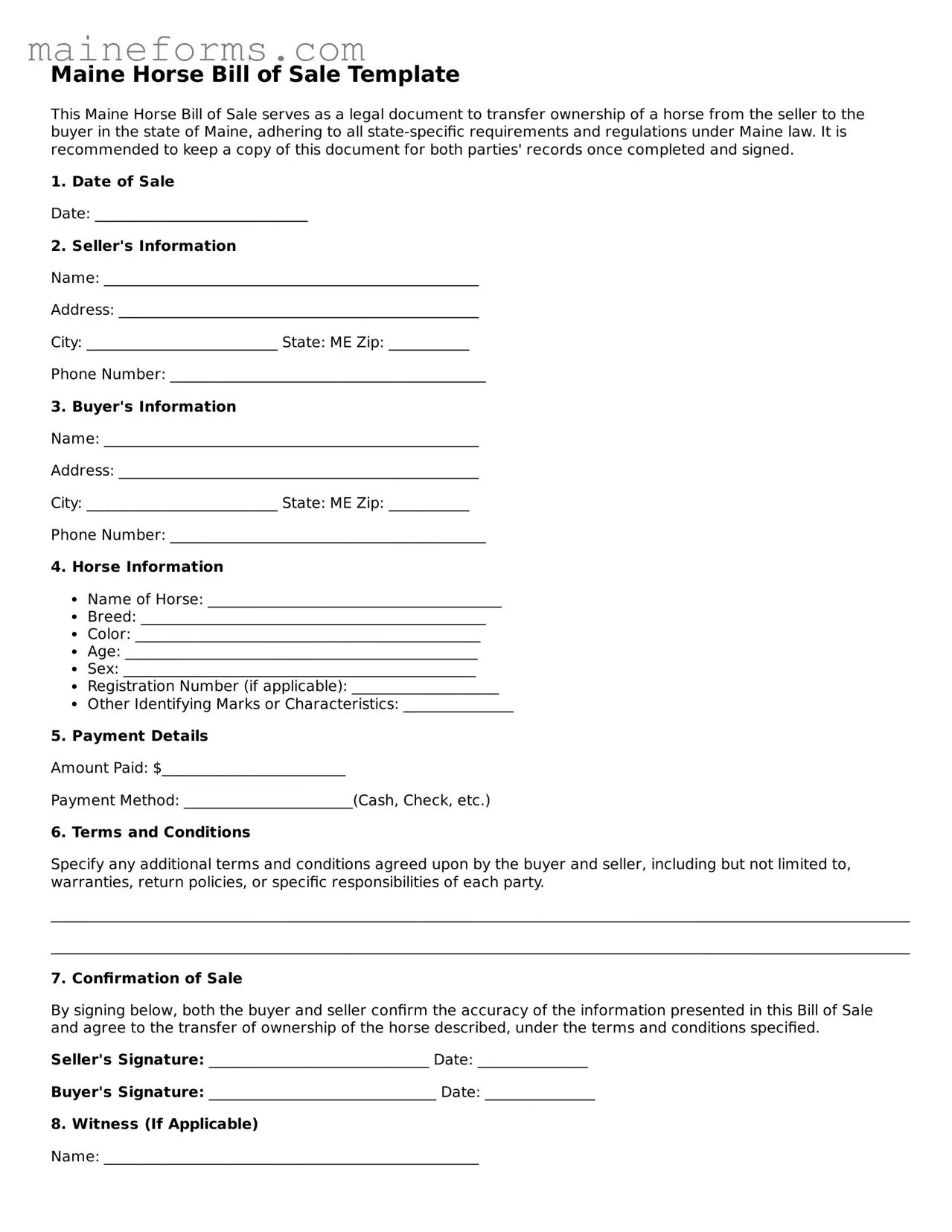 Blank Horse Bill of Sale Document for Maine State