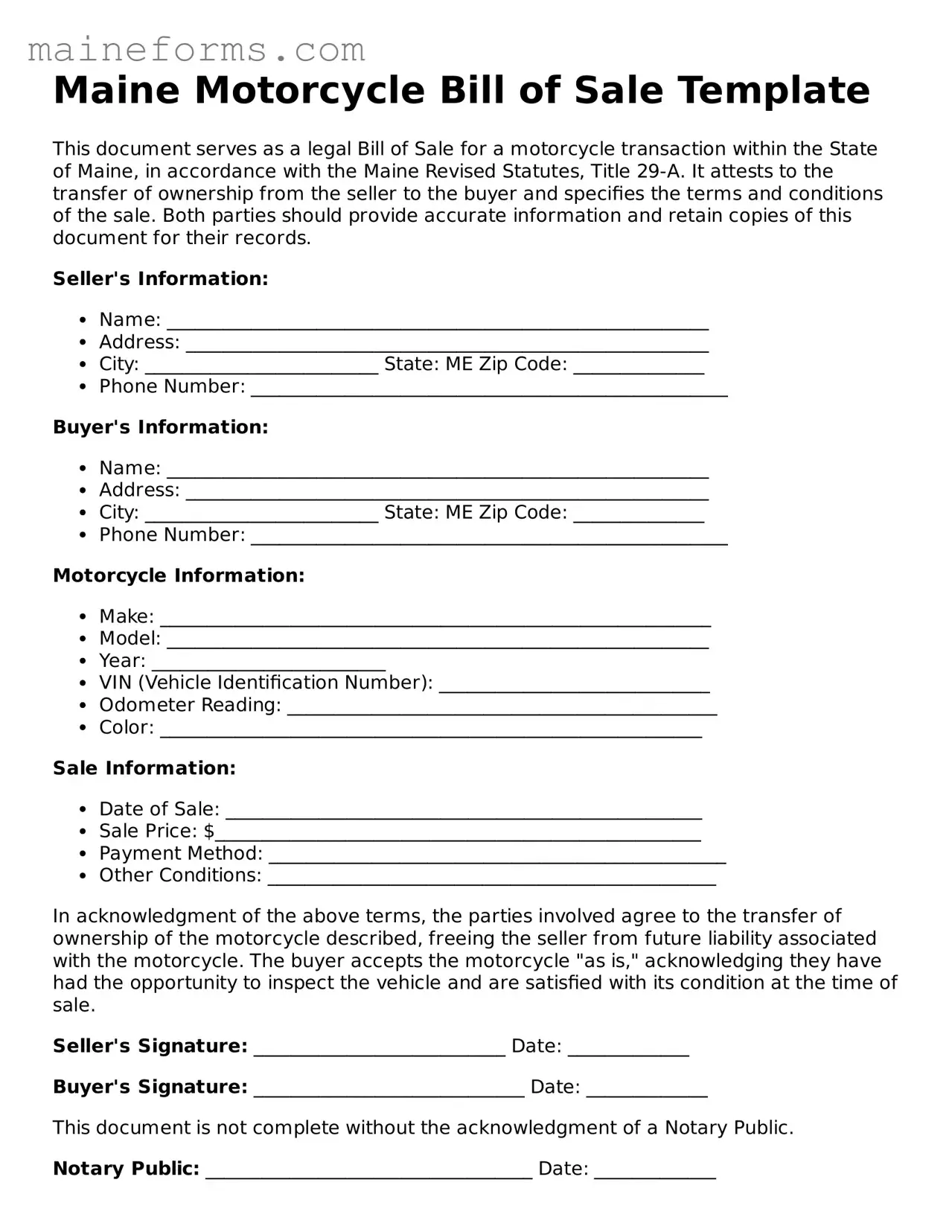 Blank Motorcycle Bill of Sale Document for Maine State