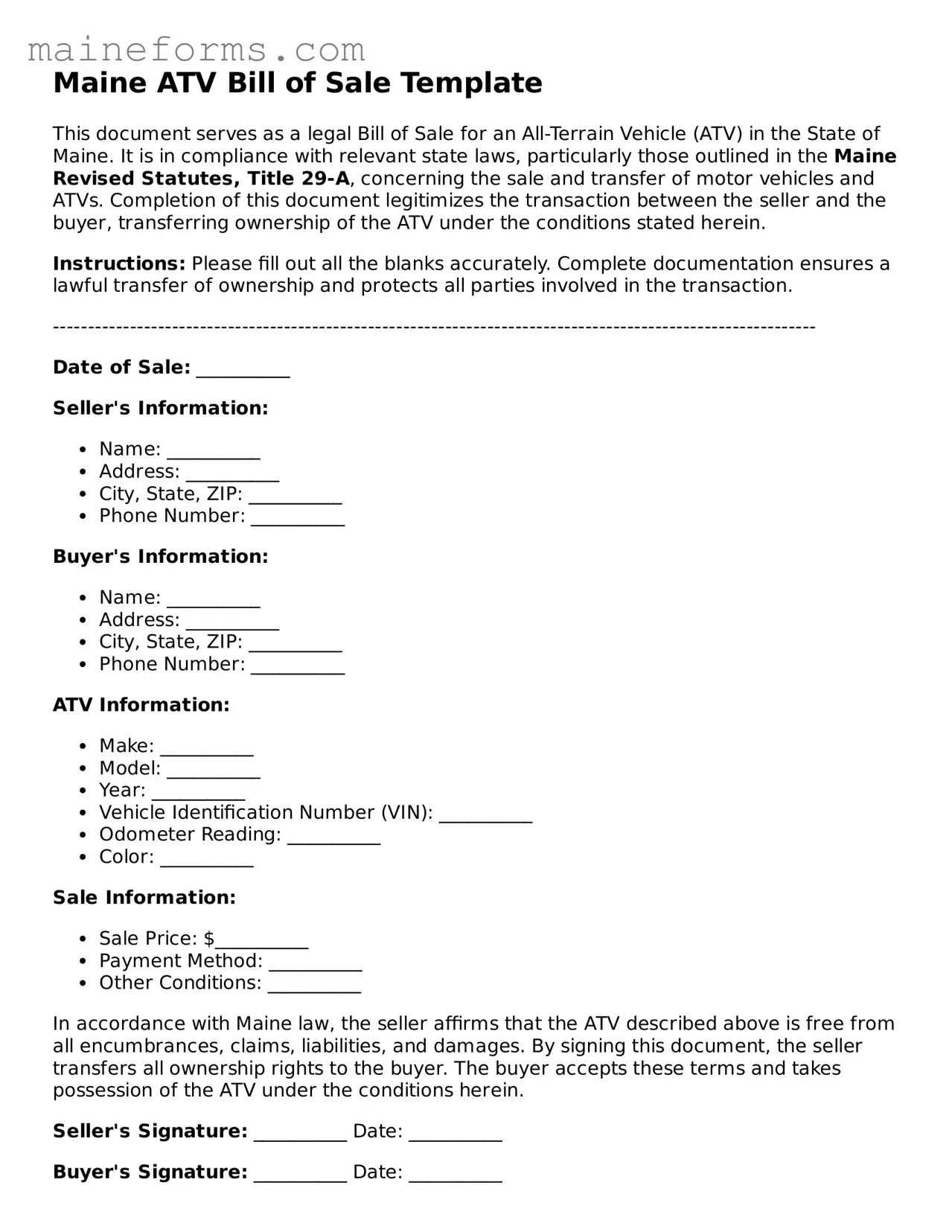 Blank ATV Bill of Sale Document for Maine State