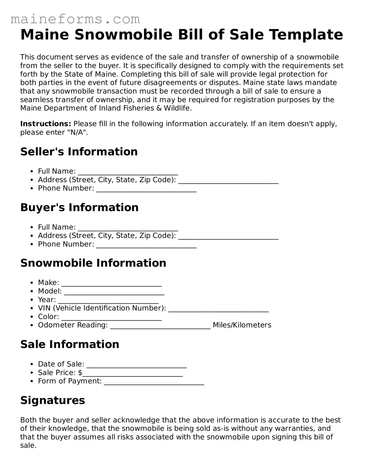Blank Snowmobile Bill of Sale Document for Maine State