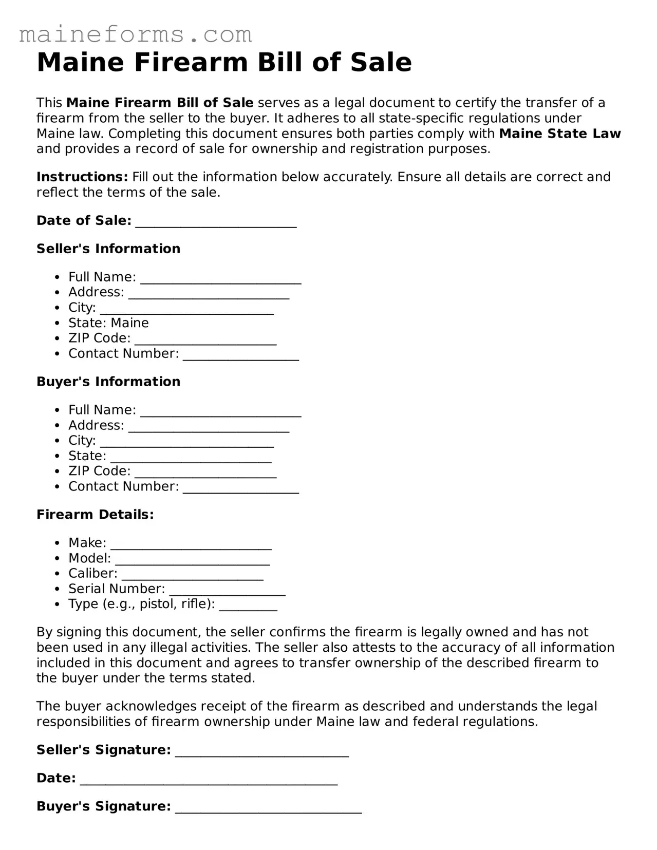 Blank Firearm Bill of Sale Document for Maine State