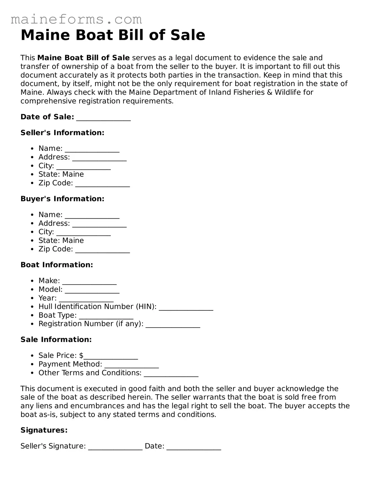 Blank Boat Bill of Sale Document for Maine State