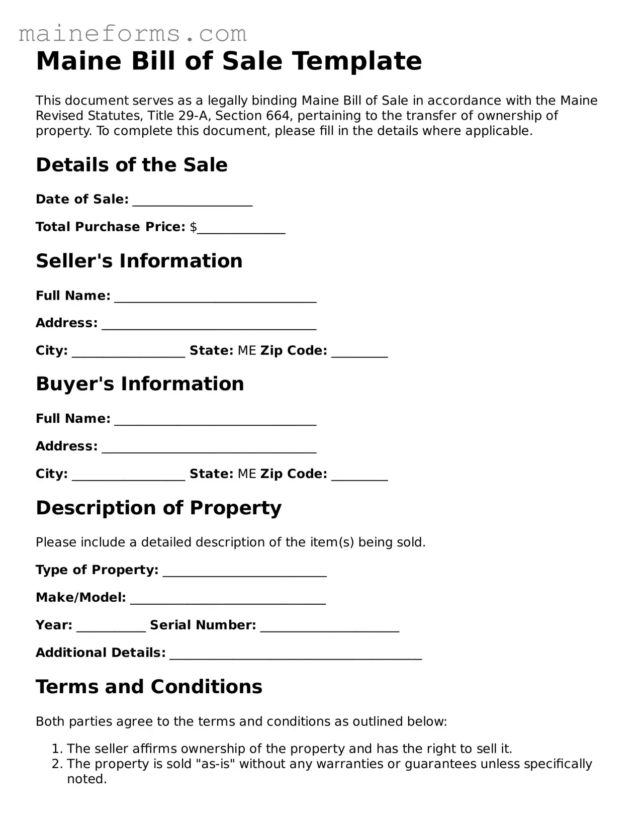 Blank Bill of Sale Document for Maine State