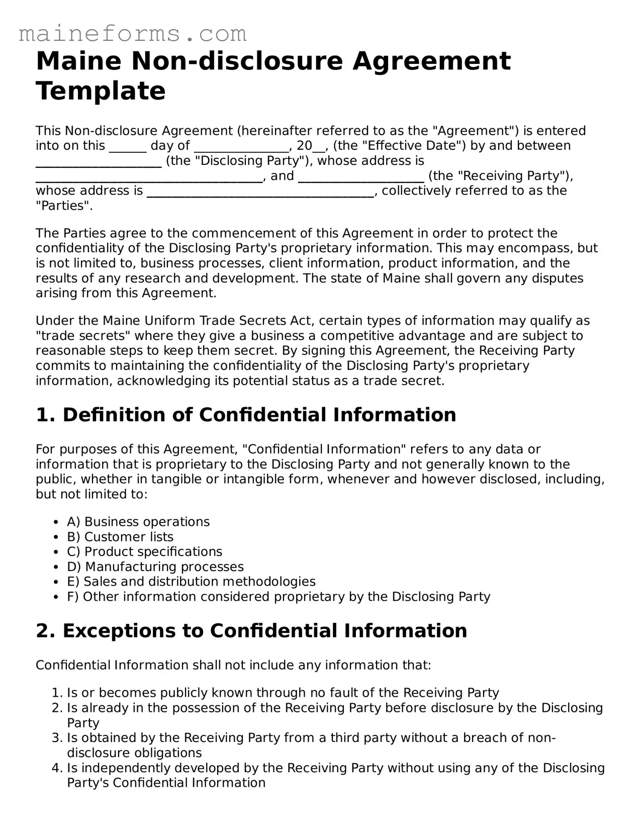 Blank Non-disclosure Agreement Document for Maine State