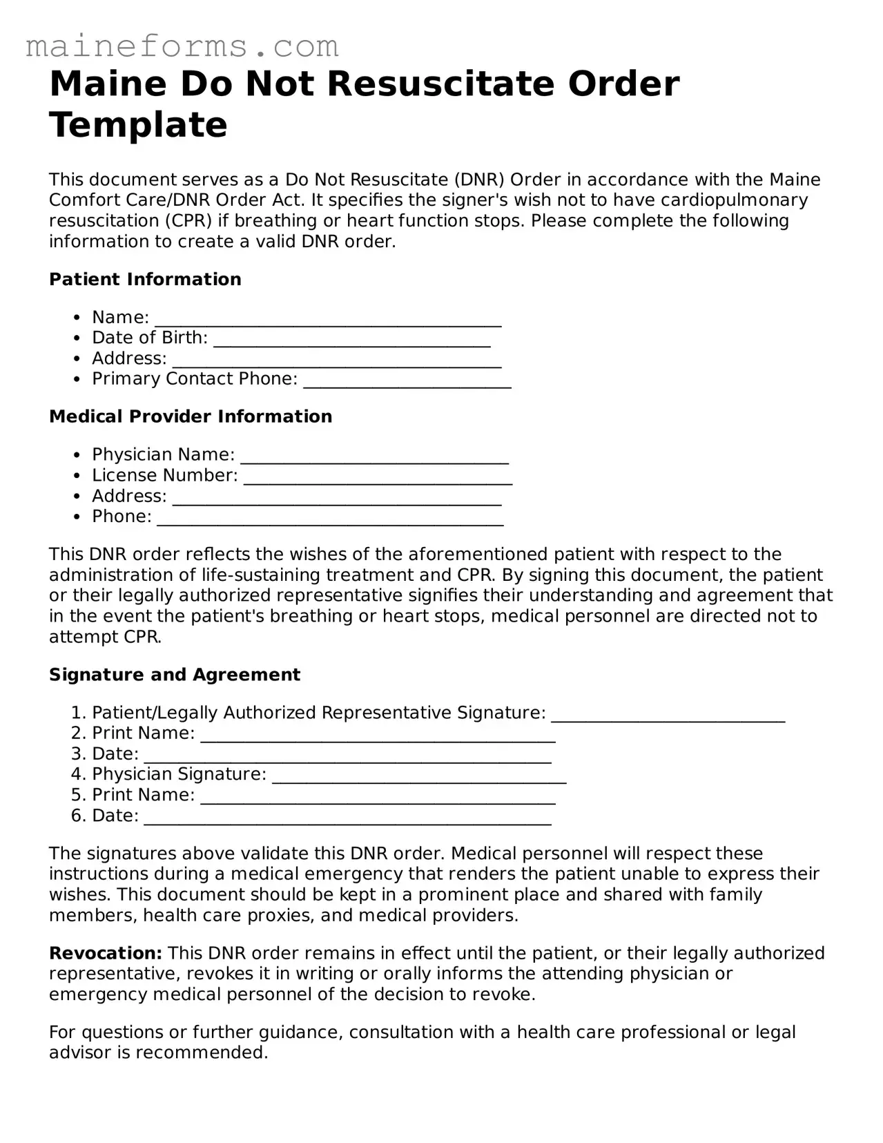 Blank Do Not Resuscitate Order Document for Maine State