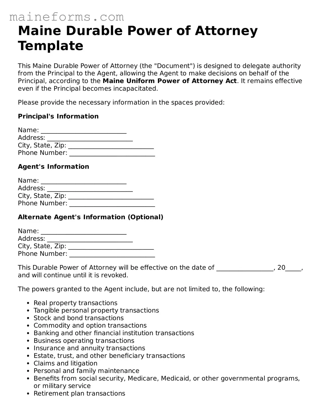 Blank Durable Power of Attorney Document for Maine State