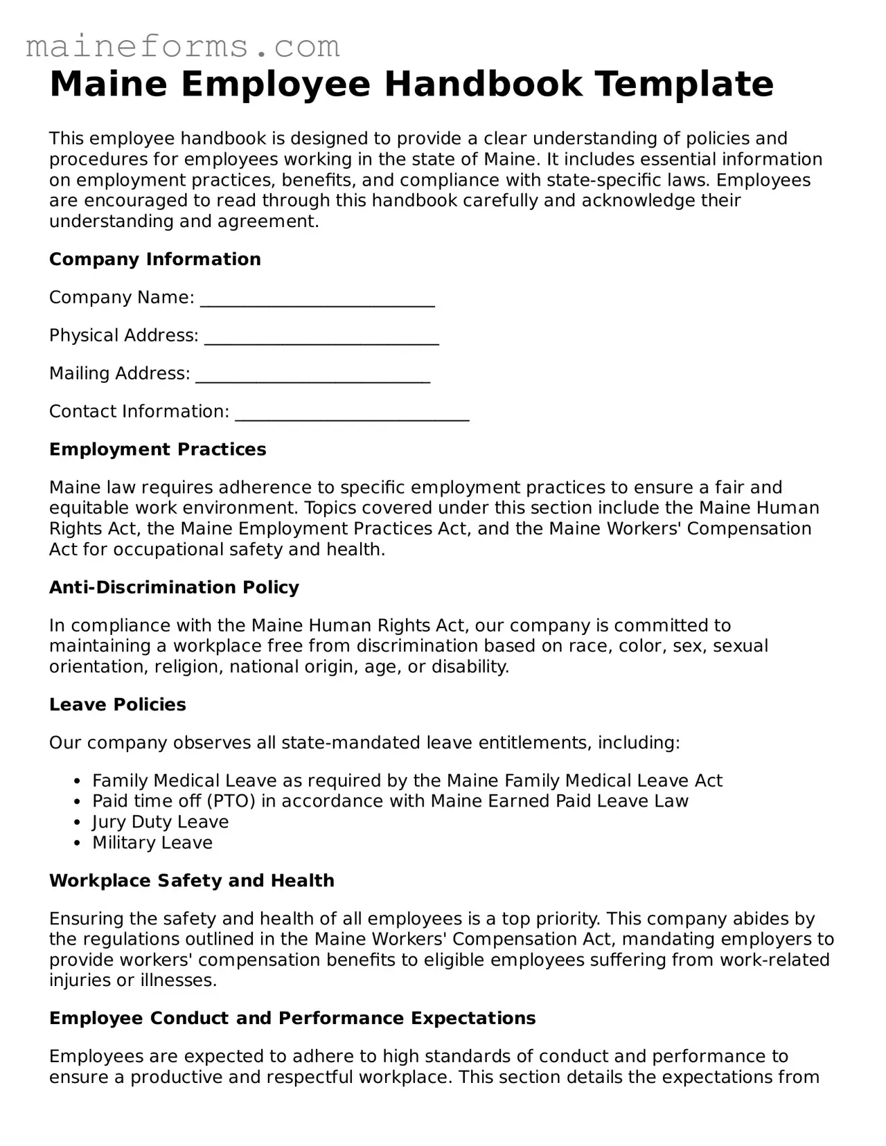 Blank Employee Handbook Document for Maine State