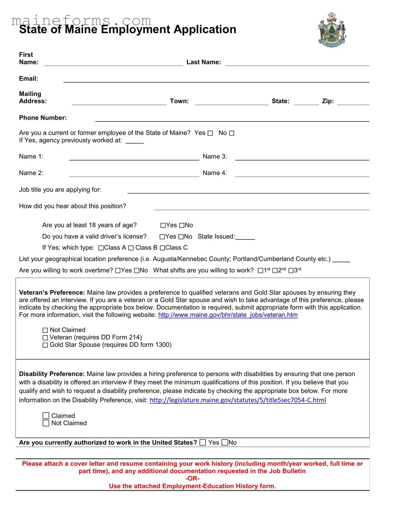 Maine Employment Application Template