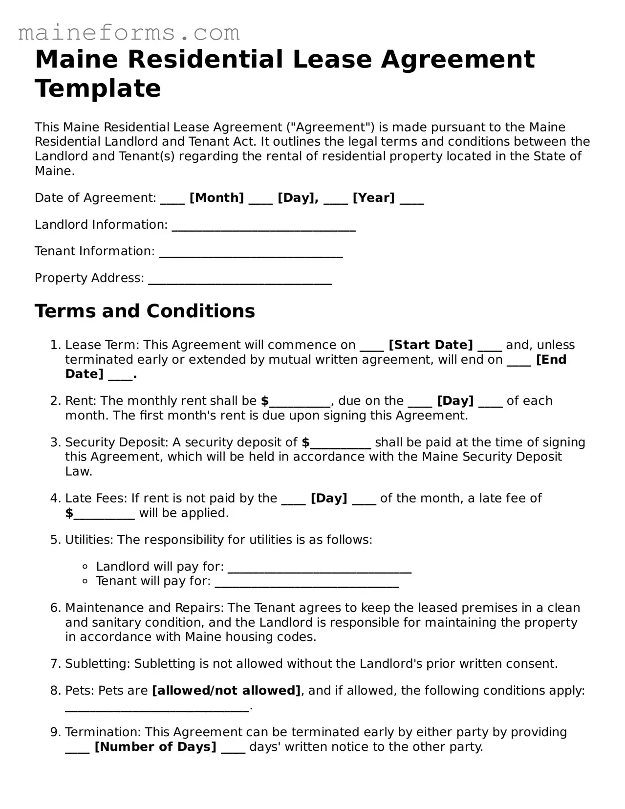 Blank Residential Lease Agreement Document for Maine State