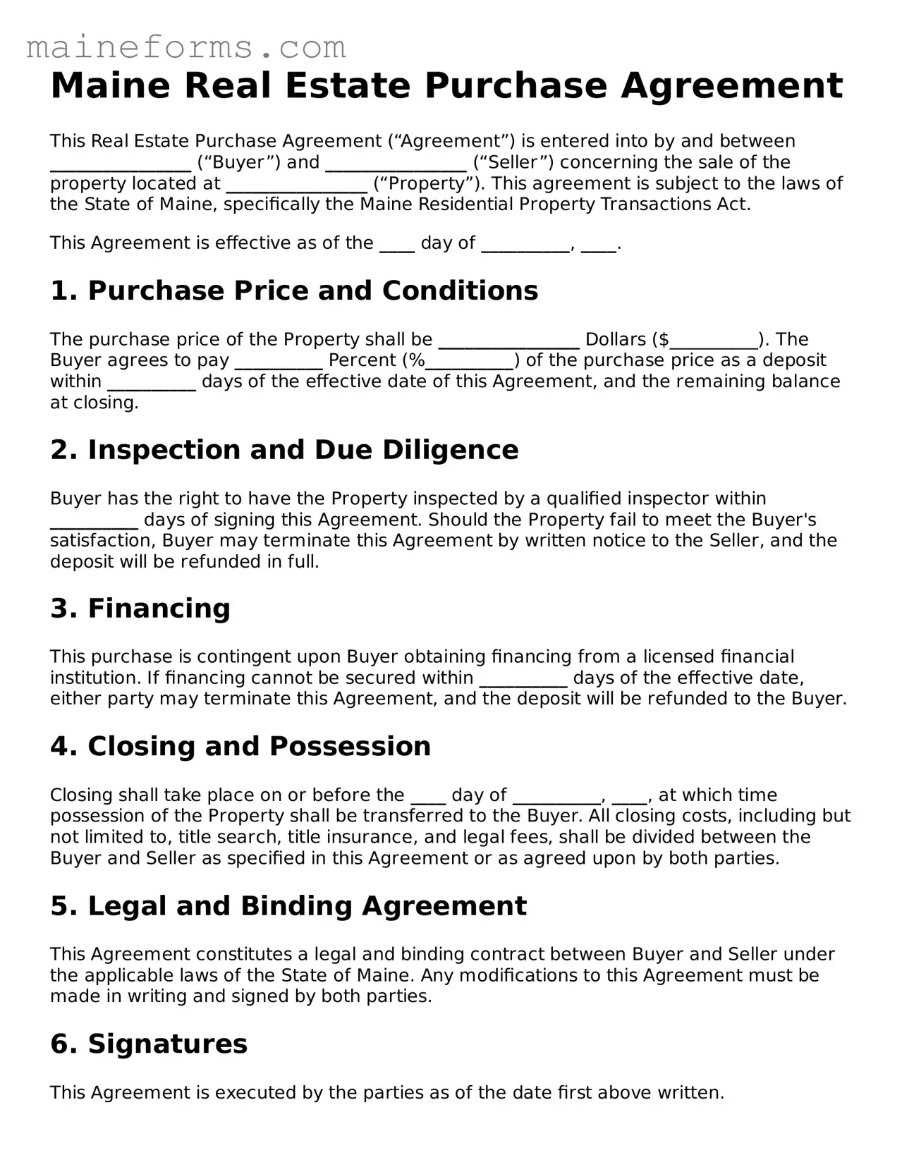 Blank Real Estate Purchase Agreement Document for Maine State