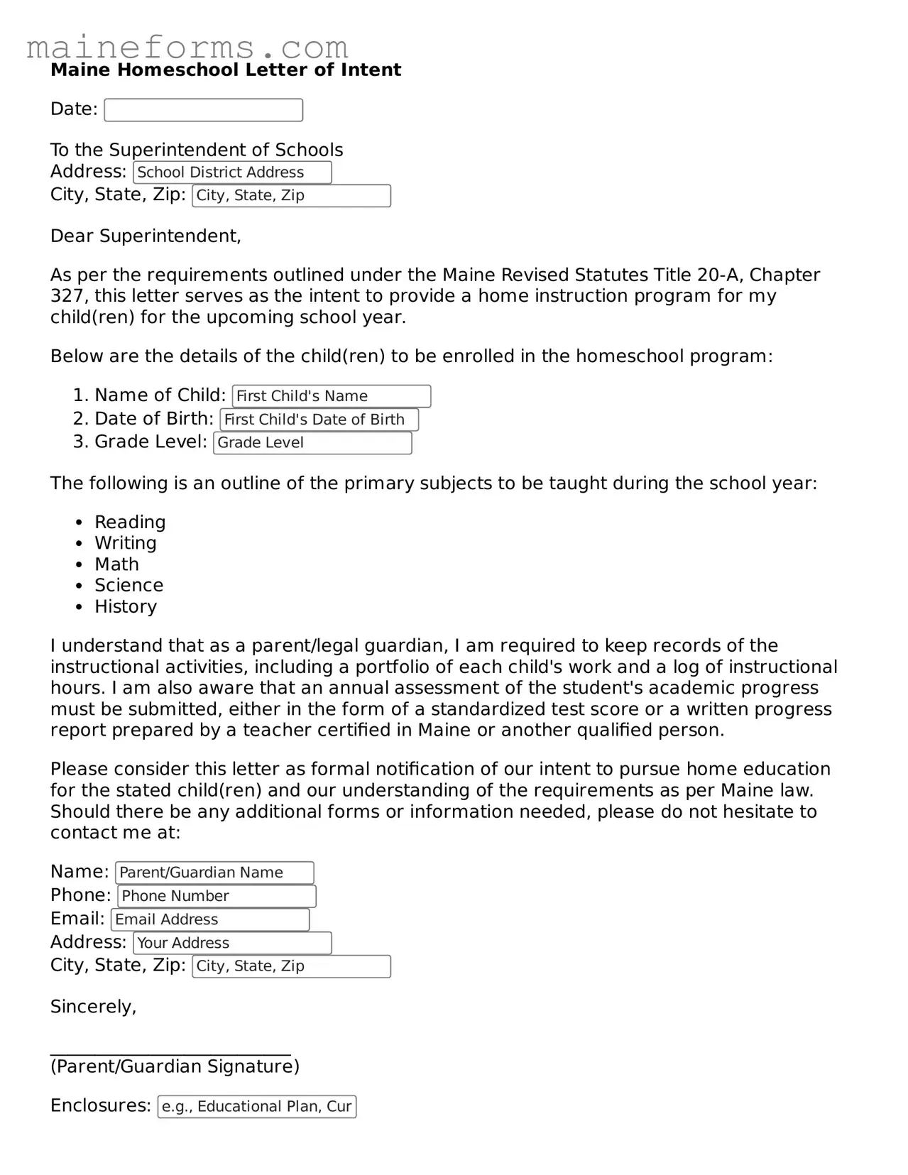 Blank Homeschool Letter of Intent Document for Maine State