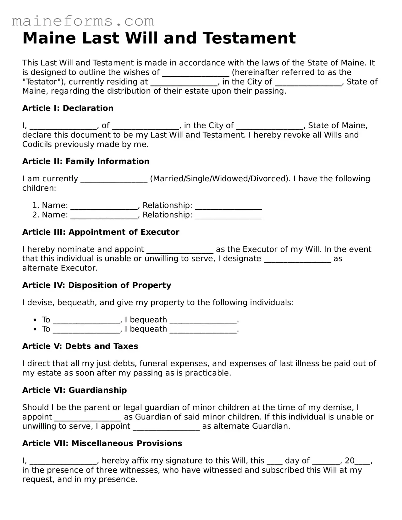 Blank Last Will and Testament Document for Maine State