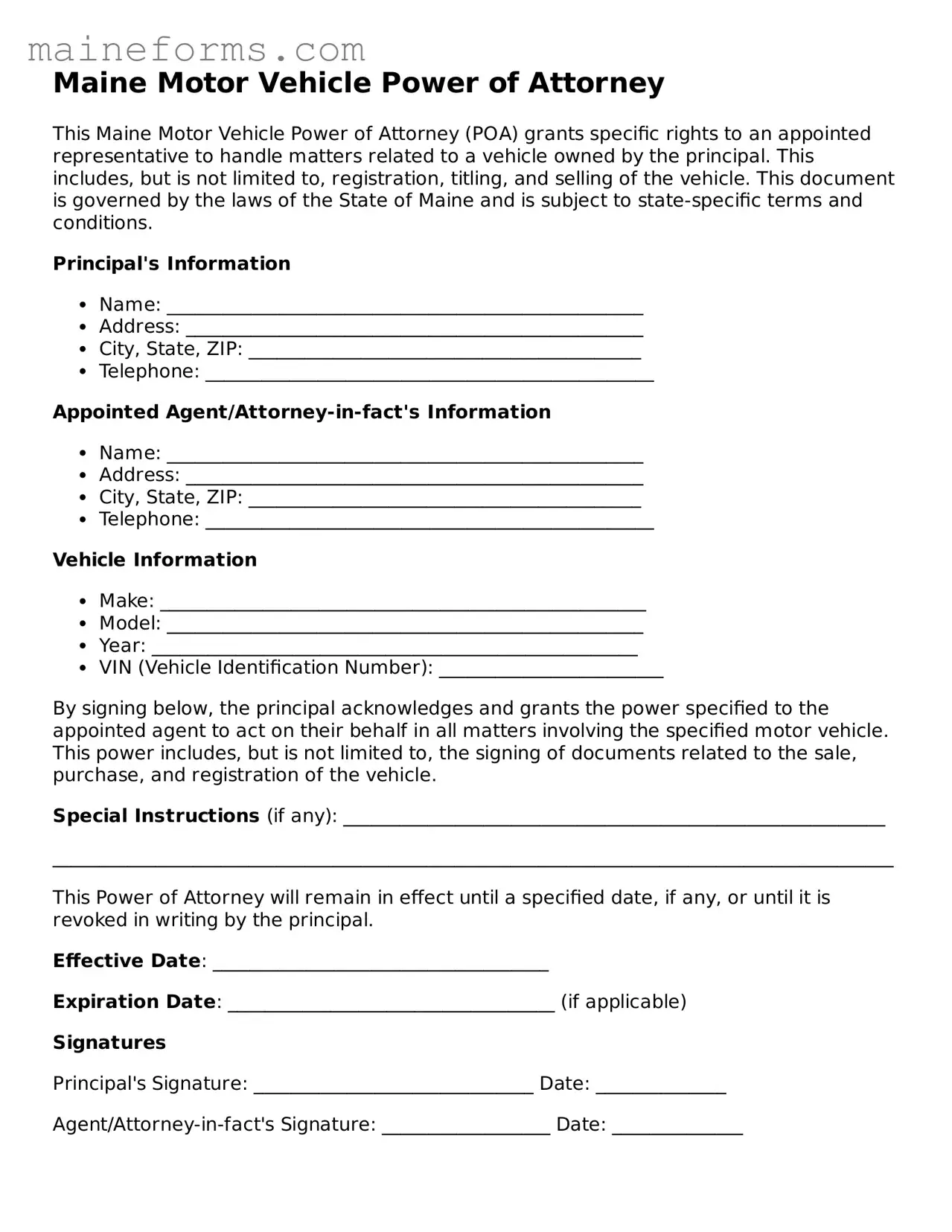 Blank Motor Vehicle Power of Attorney Document for Maine State