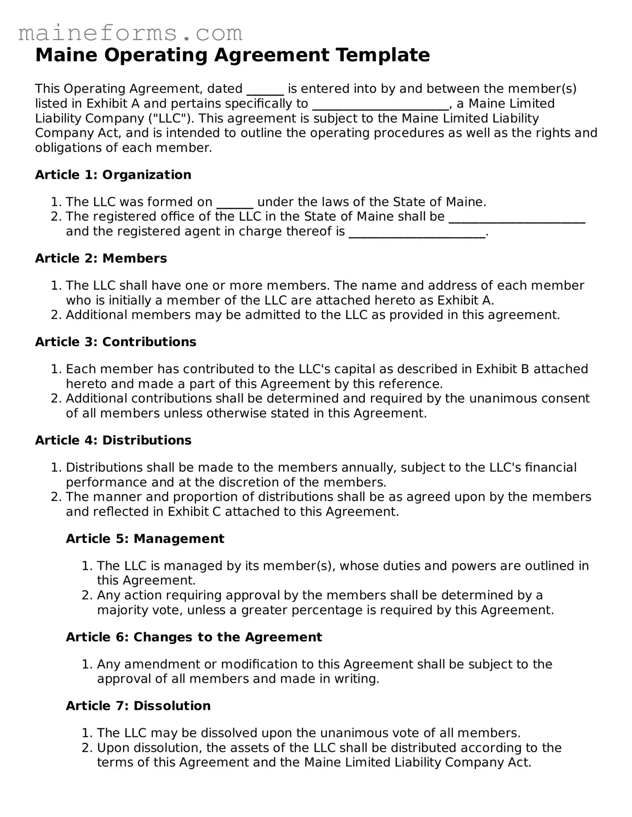 Blank Operating Agreement Document for Maine State