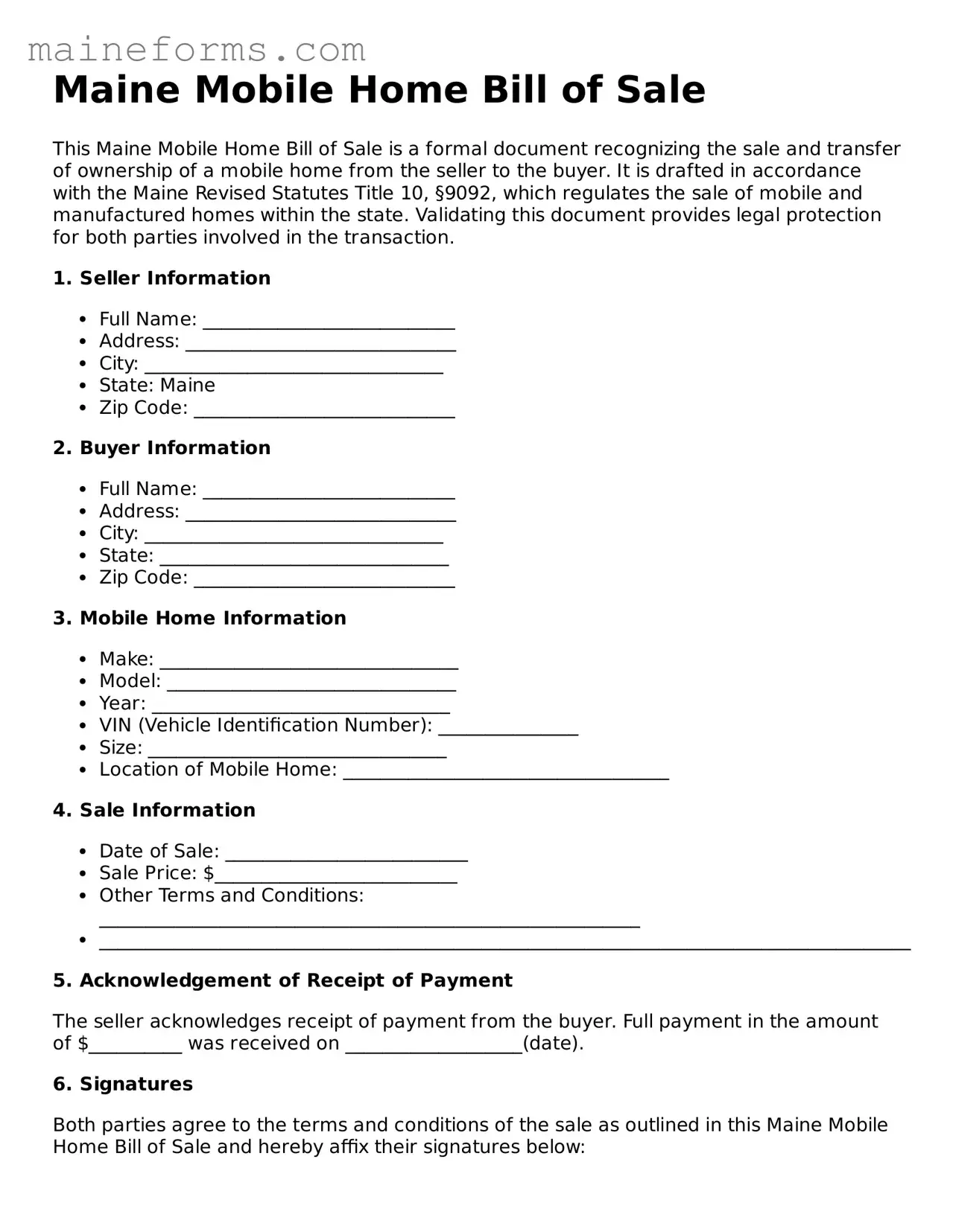 Blank Mobile Home Bill of Sale Document for Maine State