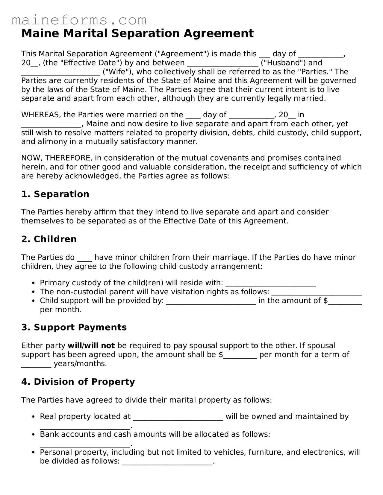 Blank Marital Separation Agreement Document for Maine State