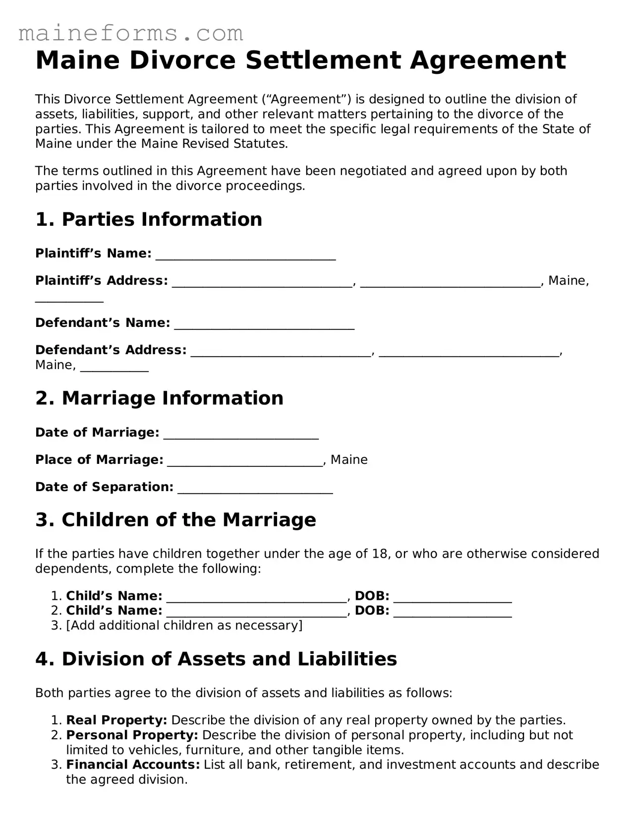 Blank Divorce Settlement Agreement Document for Maine State