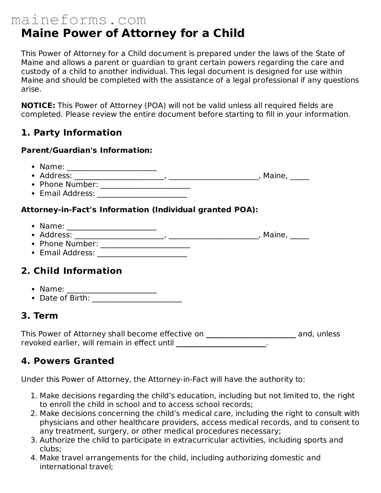 Blank Power of Attorney for a Child Document for Maine State