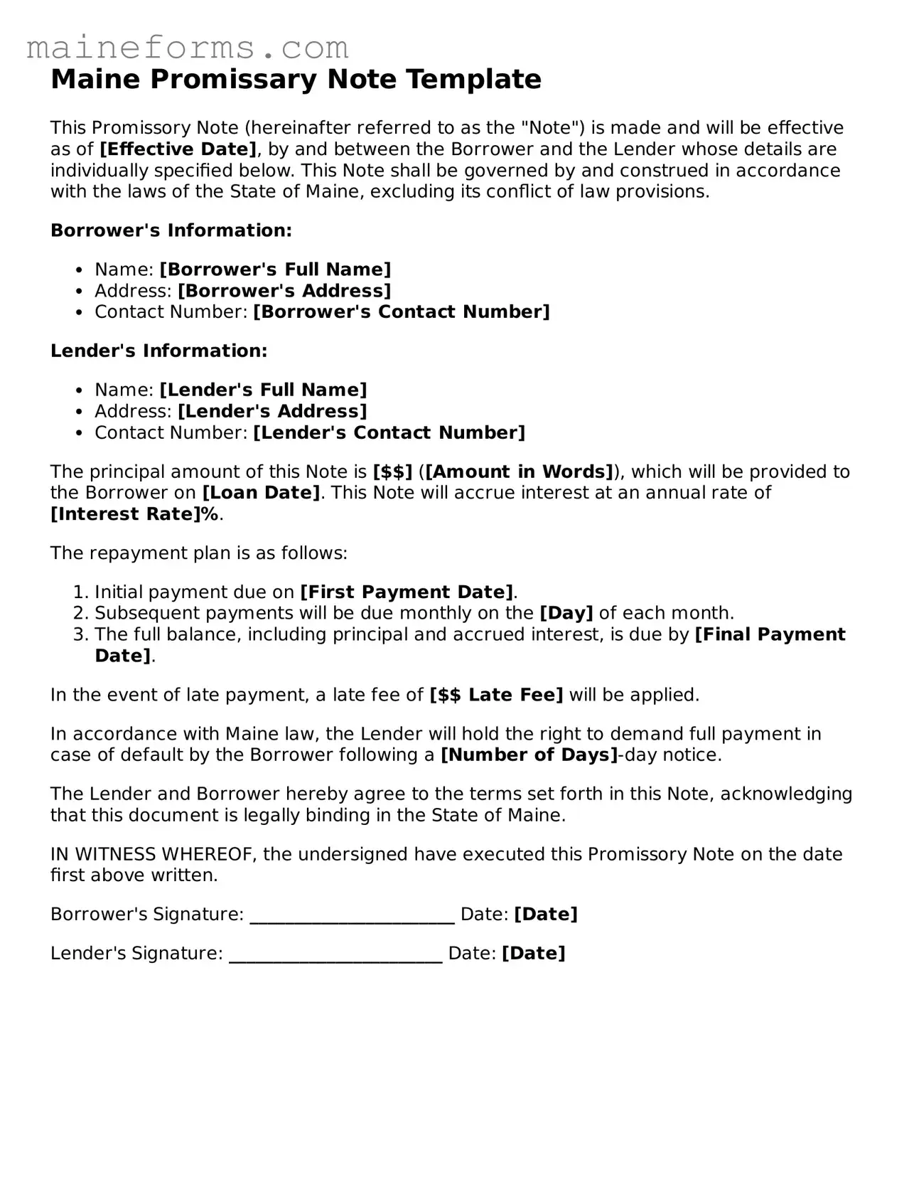Blank Promissory Note Document for Maine State