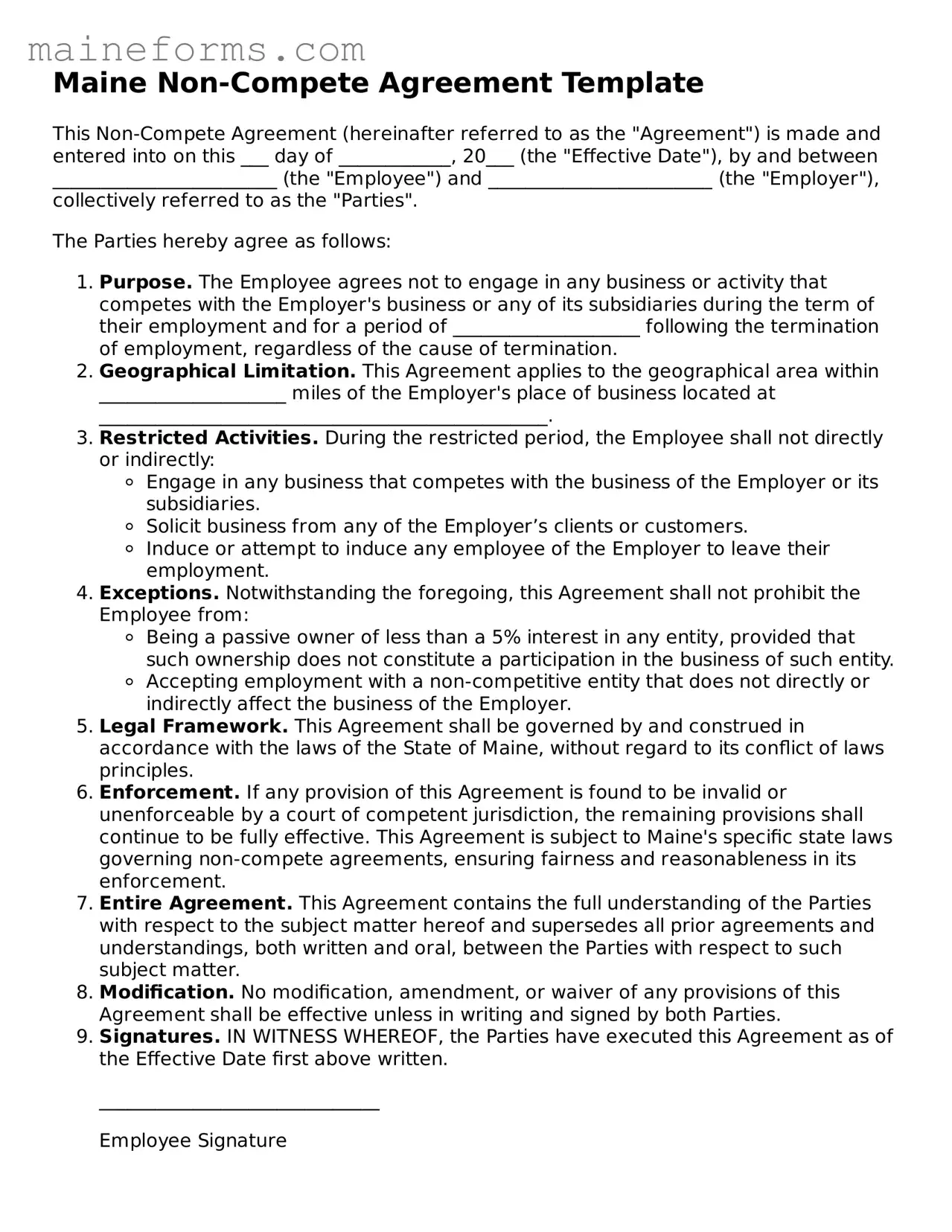 Blank Non-compete Agreement Document for Maine State