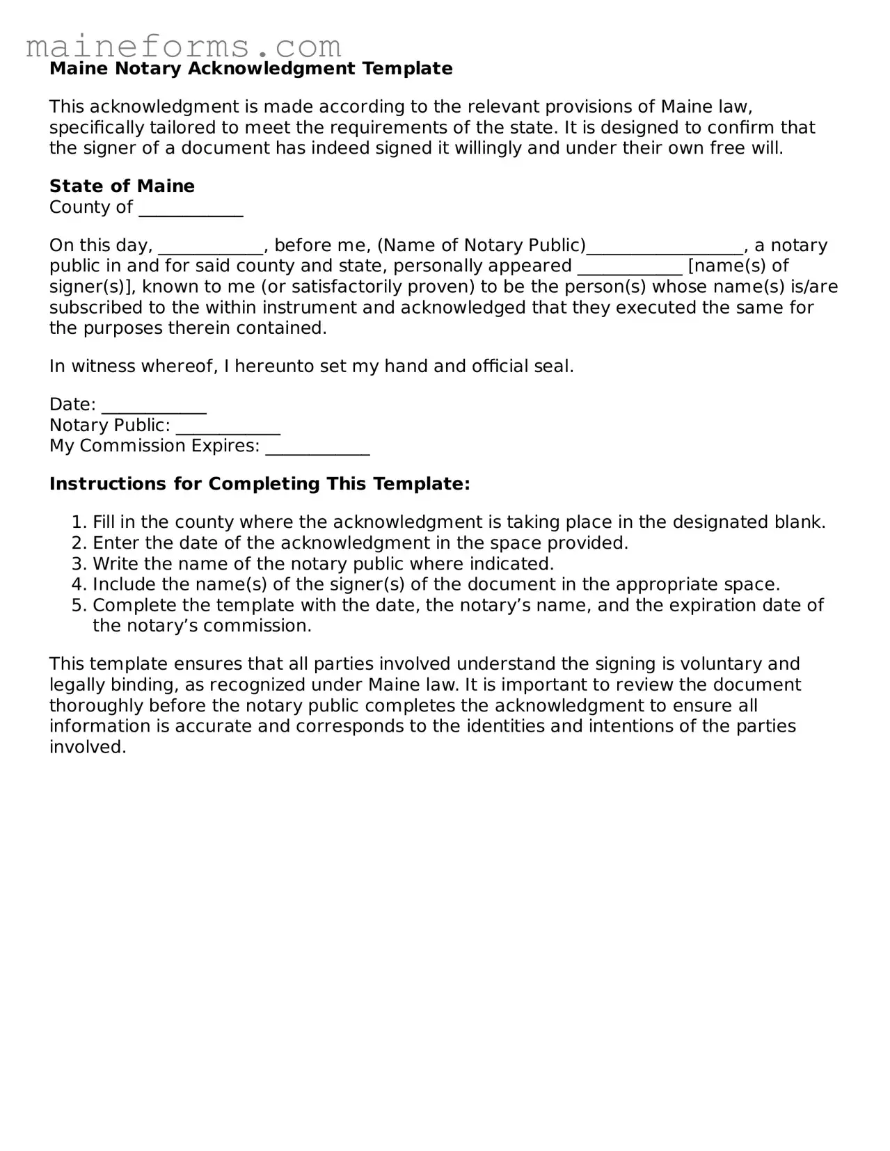 Blank Notary Acknowledgement Document for Maine State