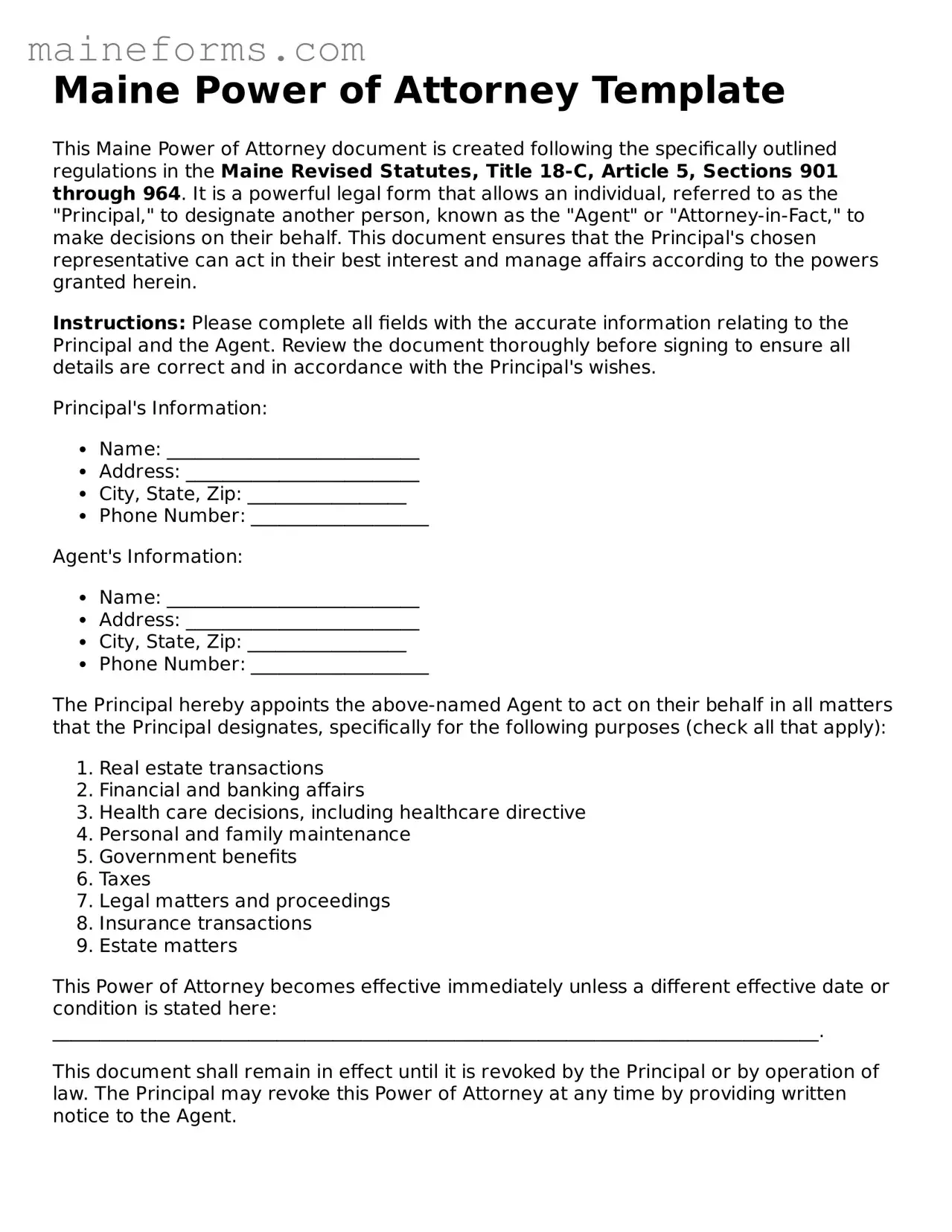 Blank Power of Attorney Document for Maine State