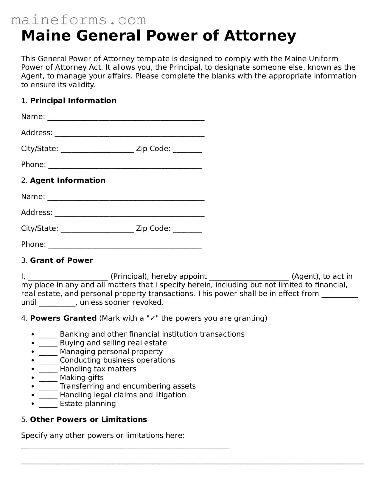Blank General Power of Attorney Document for Maine State