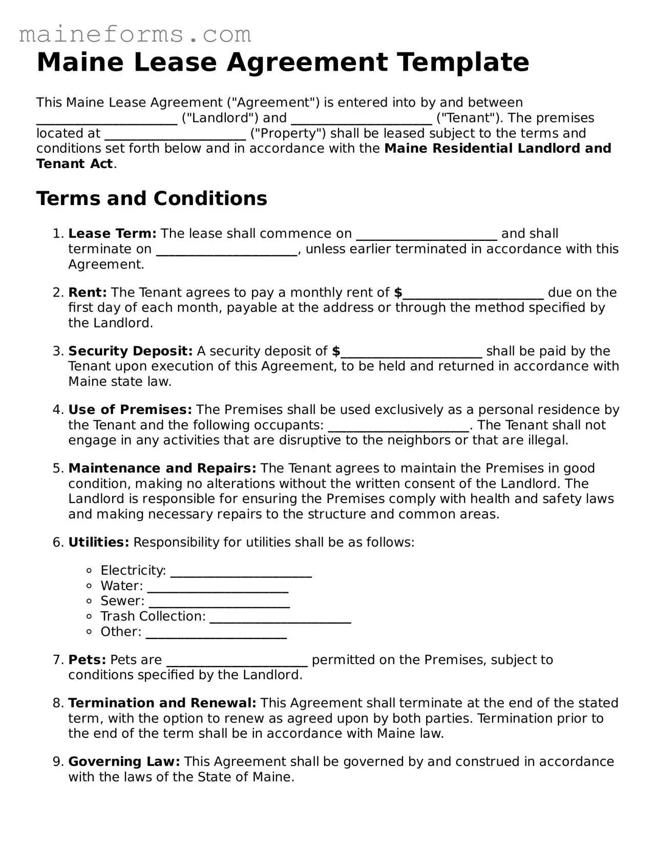 Blank Lease Agreement Document for Maine State