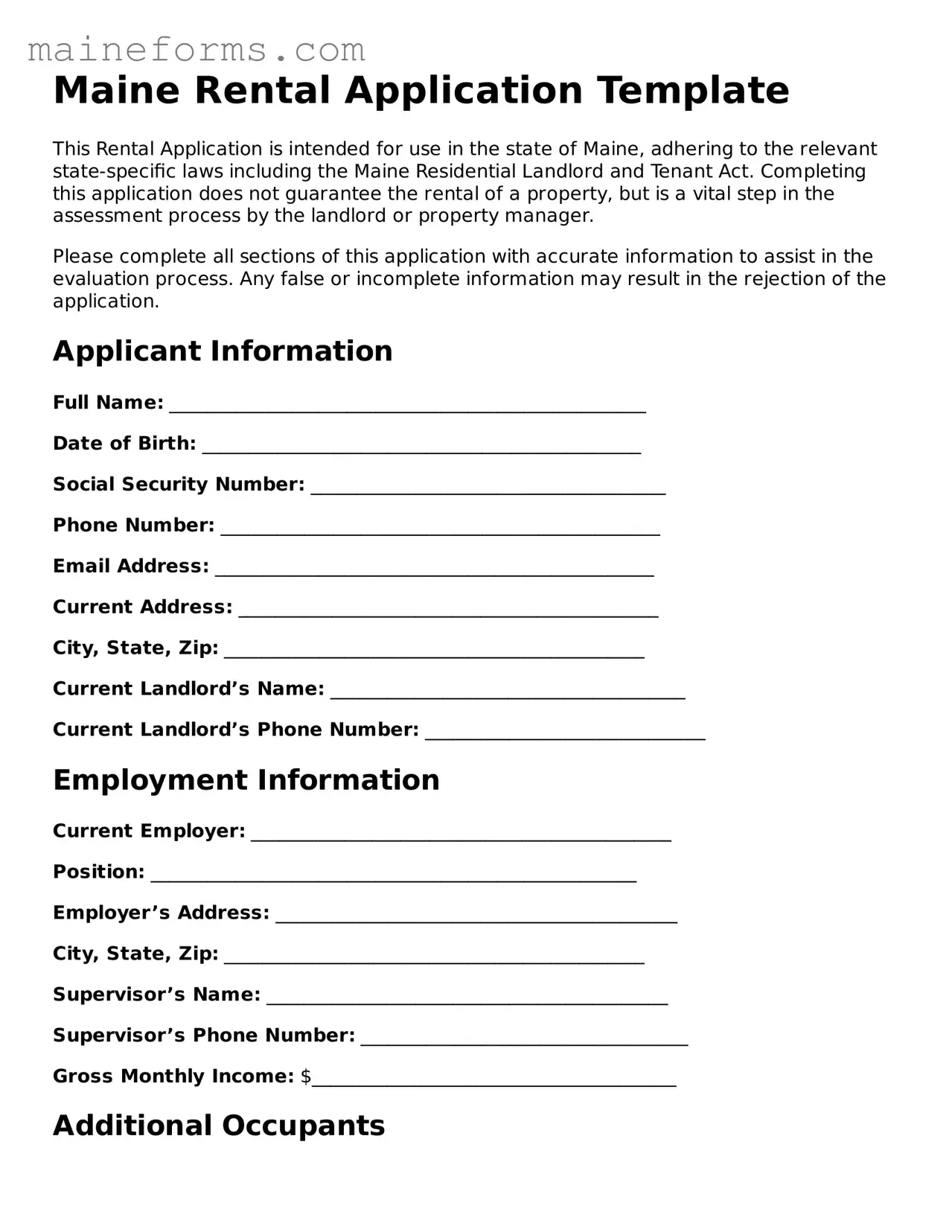 Blank Rental Application Document for Maine State