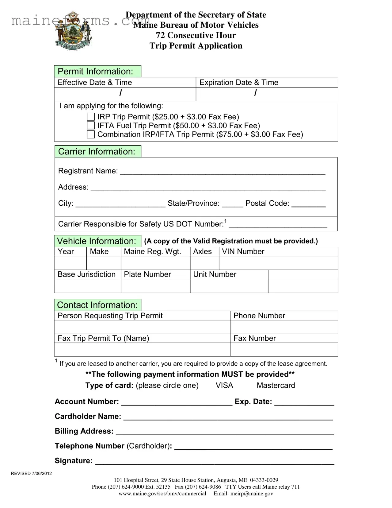 Maine Trip Permit Application Template