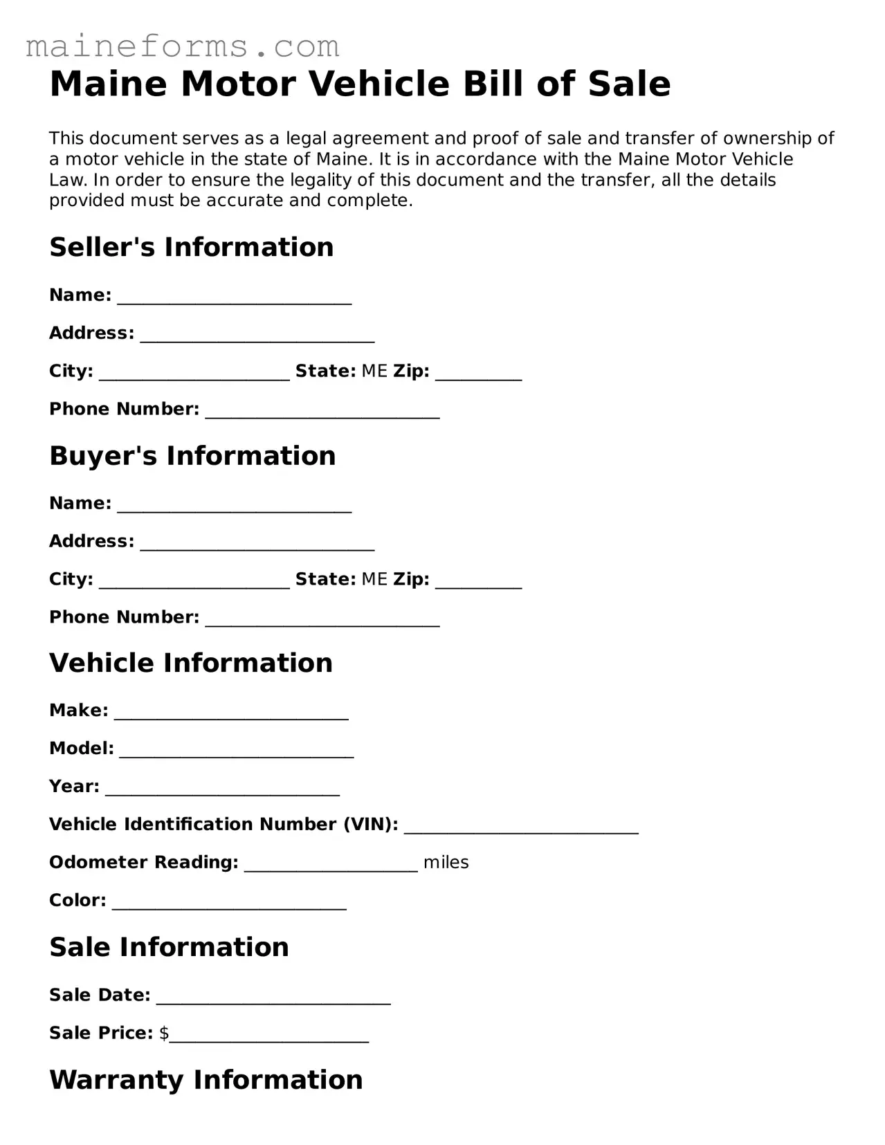 Blank Motor Vehicle Bill of Sale Document for Maine State