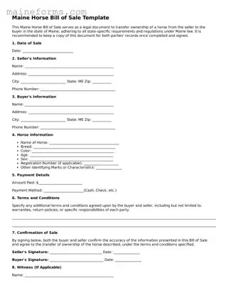 Blank Horse Bill of Sale Document for Maine State