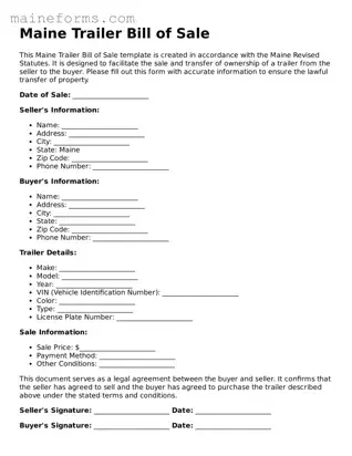 Blank Trailer Bill of Sale Document for Maine State