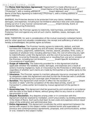 Blank Hold Harmless Agreement Document for Maine State