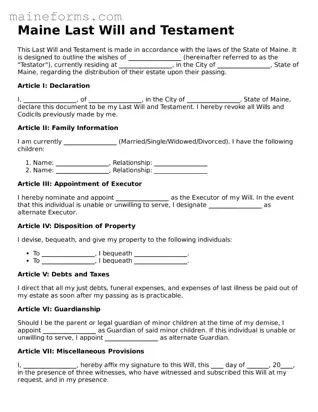Blank Last Will and Testament Document for Maine State