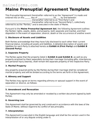Blank Prenuptial Agreement Document for Maine State